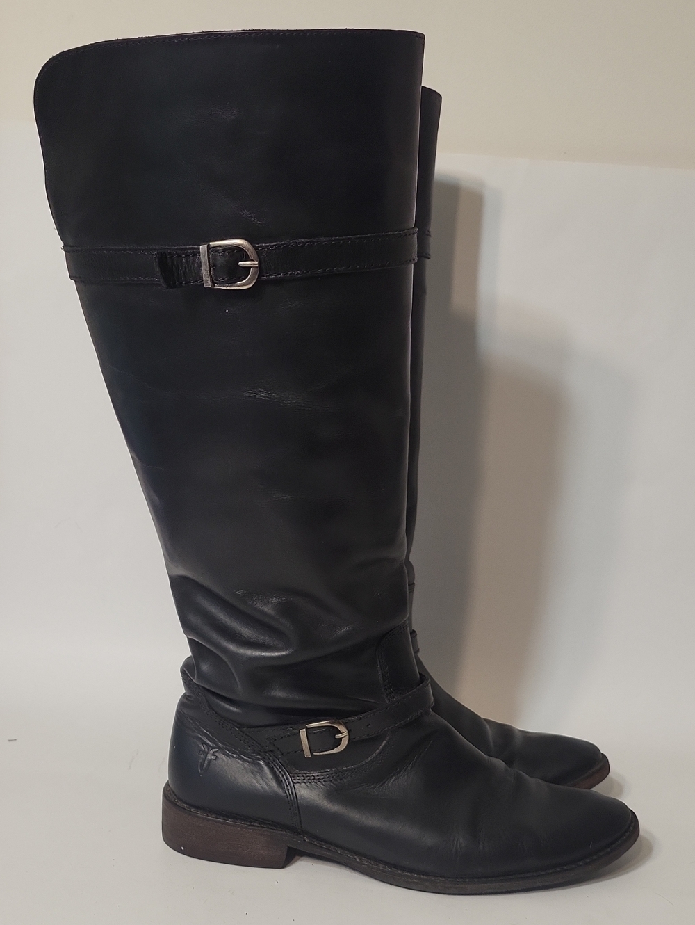 FRYE Black Leather Knee-High Riding Boots Double Buckle Size 8